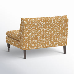 Armless Loveseat, Ochre Floral Cotton, Espresso Wood Legs