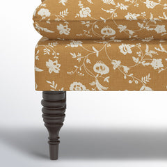 Armless Loveseat, Ochre Floral Cotton, Espresso Wood Legs