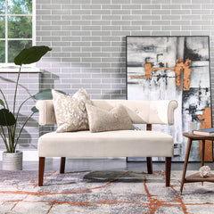 Armless Settee in Beige Polyester with Brown Wood Legs
