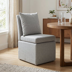 Armless Side Chair, Light Gray Fabric, Black Metal Legs, Casters