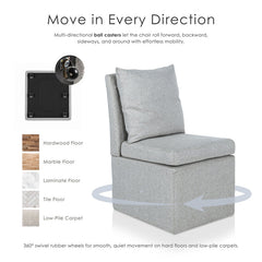 Armless Side Chair, Light Gray Fabric, Black Metal Legs, Casters