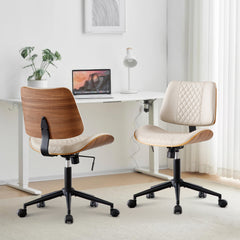Armless Task Chair in Beige Faux Leather with Black Steel Frame