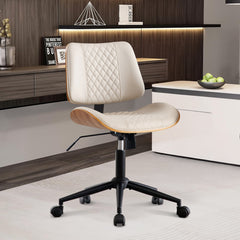 Armless Task Chair in Beige Faux Leather with Black Steel Frame