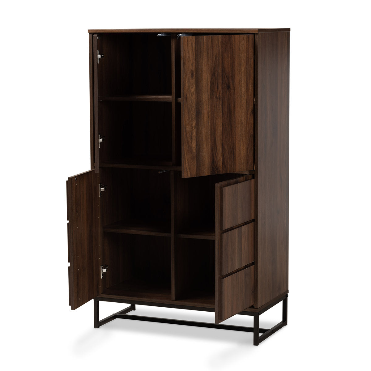 Armoire, 4 Doors, Engineered Wood in Walnut Brown with Black Metal Base
