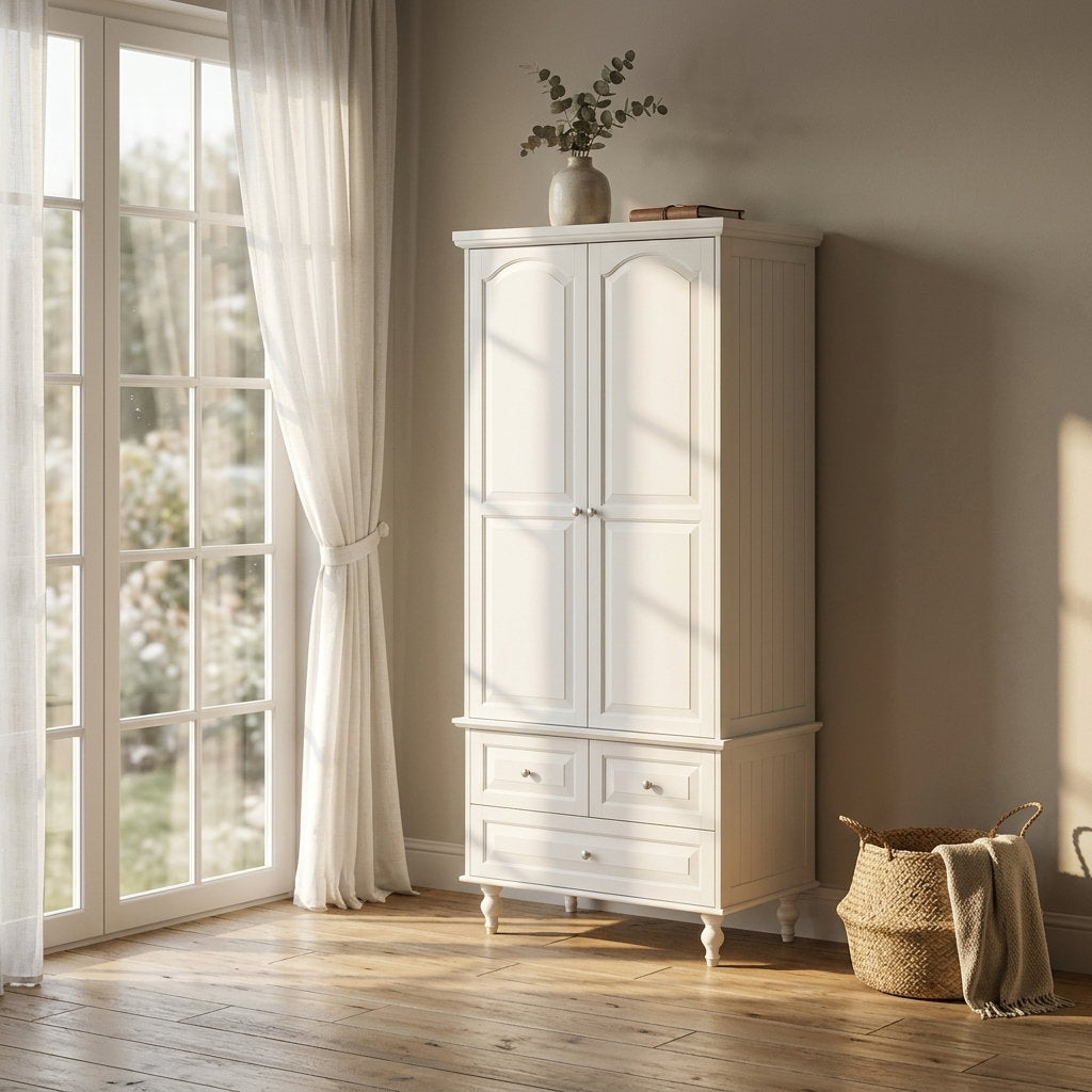 Armoire with 3 Drawers and 2 Hinged Doors in White Engineered Wood