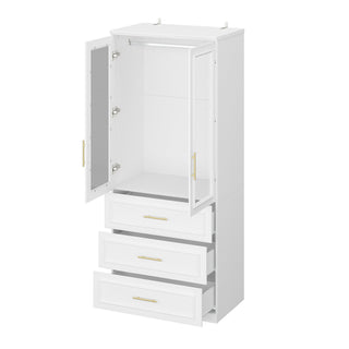 Armoire with 3 Drawers and Glass Doors in White and Gold