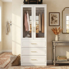 Armoire with 3 Drawers and Glass Doors in White and Gold