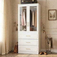 Armoire with 3 Drawers and Glass Doors in White and Gold
