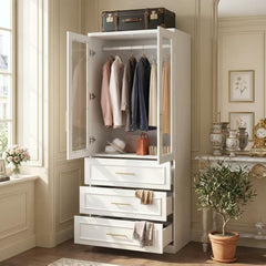 Armoire with 3 Drawers and Glass Doors in White and Gold
