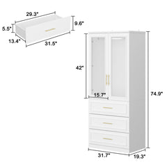 Armoire with 3 Drawers and Glass Doors in White and Gold