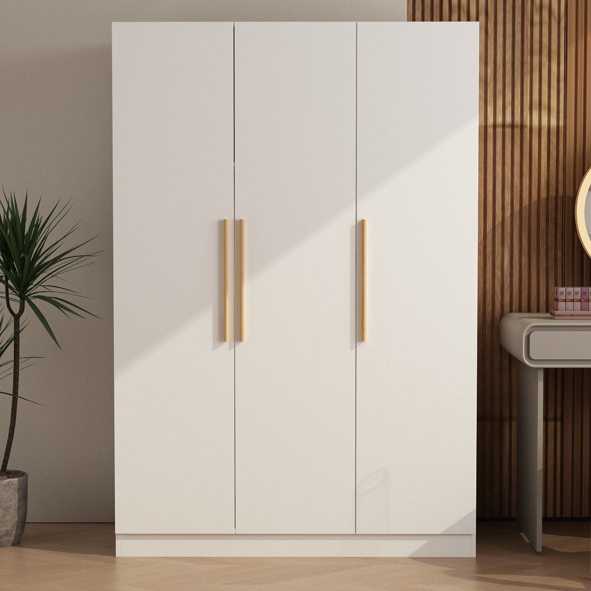 Armoire with 3 Hinged Doors and 5 Shelves in White Engineered Wood
