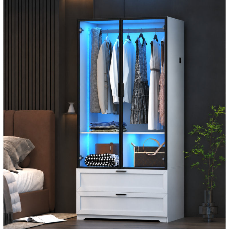 Armoire with Lighting, 2 Doors and 2 Drawers, White