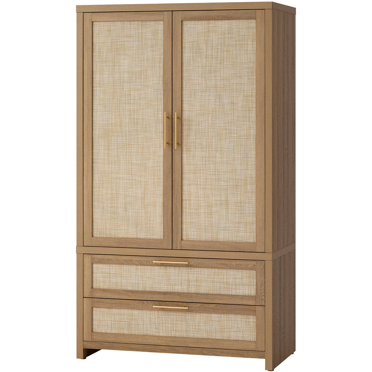 Armoire with Rattan Panels, 2 Doors and 2 Drawers in Caramel Oak