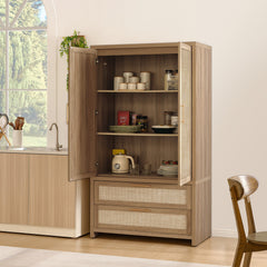 Armoire with Rattan Panels, 2 Doors and 2 Drawers in Caramel Oak