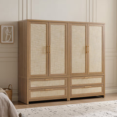 Armoire with Rattan Panels, 2 Doors and 2 Drawers in Caramel Oak