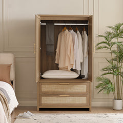 Armoire with Rattan Panels, 2 Doors and 2 Drawers in Caramel Oak