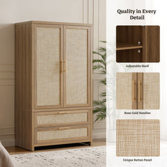 Armoire with Rattan Panels, 2 Doors and 2 Drawers in Caramel Oak