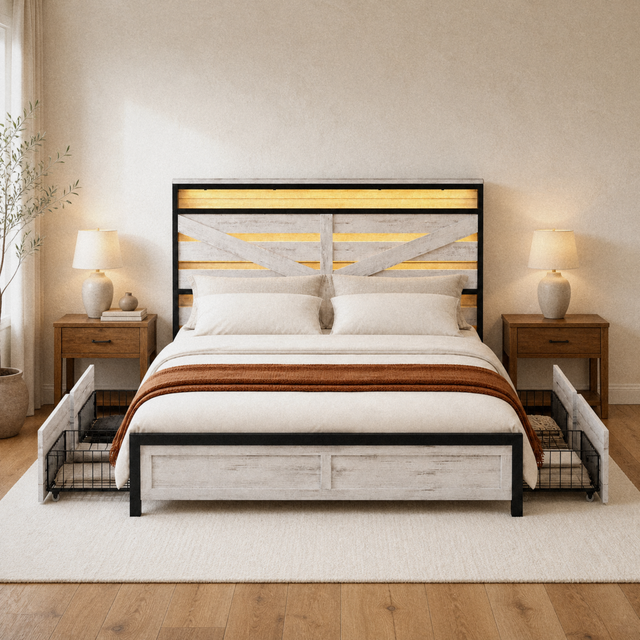 In a room | Straight-on bedroom view of the whitewashed paneled bed with black framing, a glowing headboard detail, bedding, and four under-bed drawers