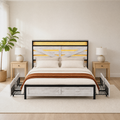 Airy room | Straight-on view in a bright bedroom with oak nightstands, plants, and the four-drawer bed
