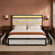 Clay room | Straight-on view against a clay wall with brass sconces, dark nightstands, and the paneled bed