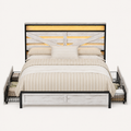 Detail | Front view highlighting the cross-braced headboard, paneled footboard, and amber-lit horizontal accent