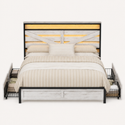 Detail | Front view highlighting the cross-braced headboard, paneled footboard, and amber-lit horizontal accent