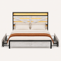 Front | Straight-on studio view of the complete bed frame, four drawers, cross-braced headboard, and illuminated upper panel