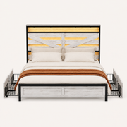 Front | Straight-on studio view of the complete bed frame, four drawers, cross-braced headboard, and illuminated upper panel