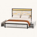 Studio | Three-quarter studio view of the complete bed with black rails, whitewashed panels, and side storage drawers