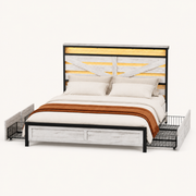 Studio | Three-quarter studio view of the complete bed with black rails, whitewashed panels, and side storage drawers