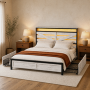 Angle | Three-quarter bedroom view showing the cross-braced headboard, paneled footboard, and drawers extending from both sides