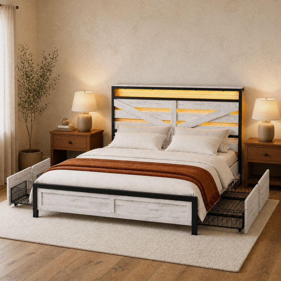 Angle | Three-quarter bedroom view showing the cross-braced headboard, paneled footboard, and drawers extending from both sides