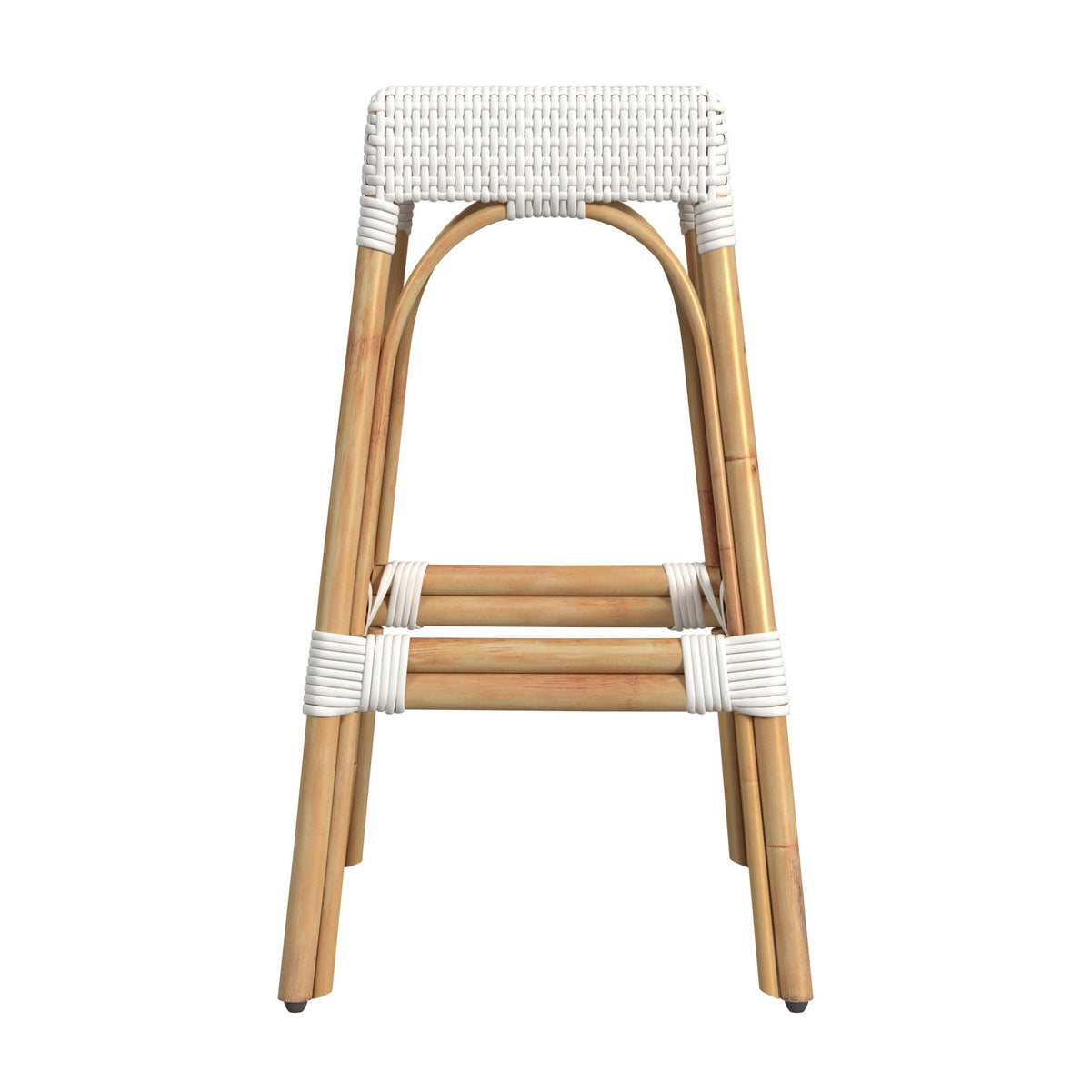 Backless Bar Stool, 30 in Seat Height, Glossy White with Natural Rattan Frame
