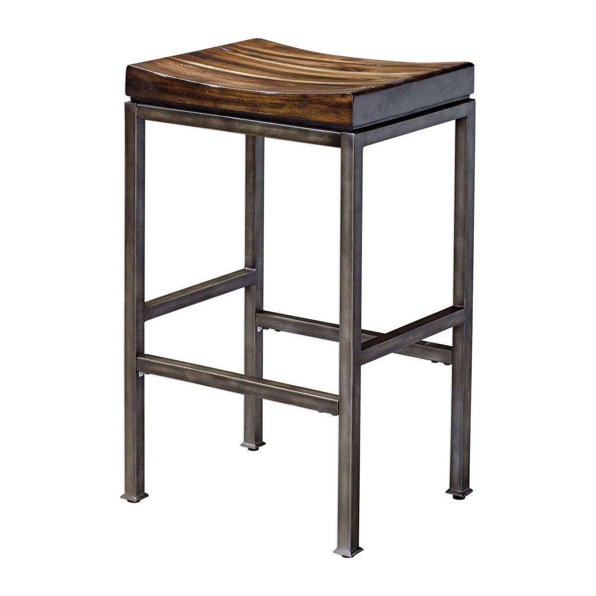 Backless Bar Stool, Solid Wood Seat in Dark Walnut with Iron Base