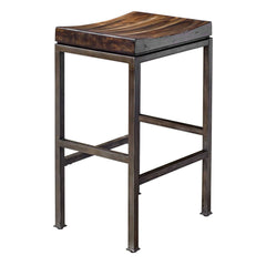 Backless Bar Stool, Solid Wood Seat in Dark Walnut with Iron Base