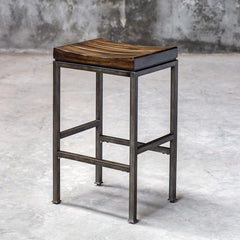Backless Bar Stool, Solid Wood Seat in Dark Walnut with Iron Base