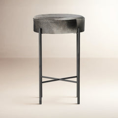 Backless Bar Stool, Speckled Leather Seat, Gunmetal Iron Frame