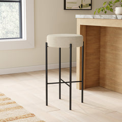 Backless Bar Stool, Speckled Leather Seat, Gunmetal Iron Frame