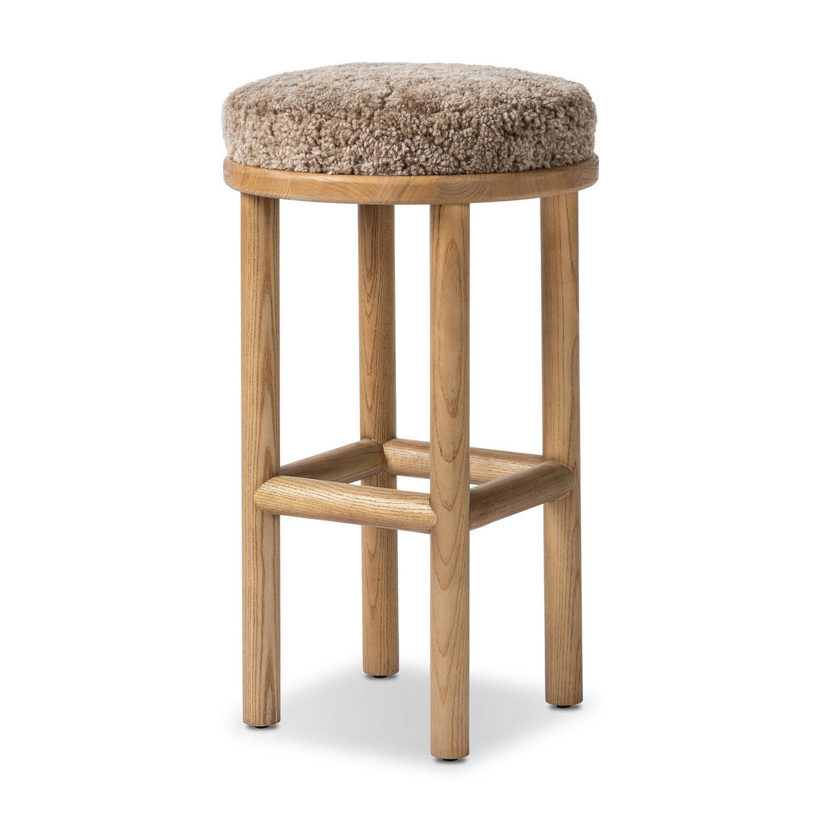 Backless Bar Stool with Taupe Shearling Seat and Blonde Rubberwood Base
