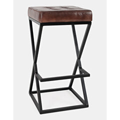 Backless Counter Stool with Steel Frame in Dark Sienna Leather