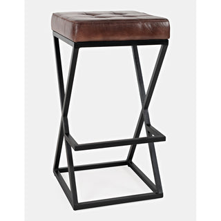 Backless Counter Stool with Steel Frame in Dark Sienna Leather