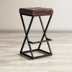 Backless Counter Stool with Steel Frame in Dark Sienna Leather