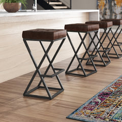 Backless Counter Stool with Steel Frame in Dark Sienna Leather