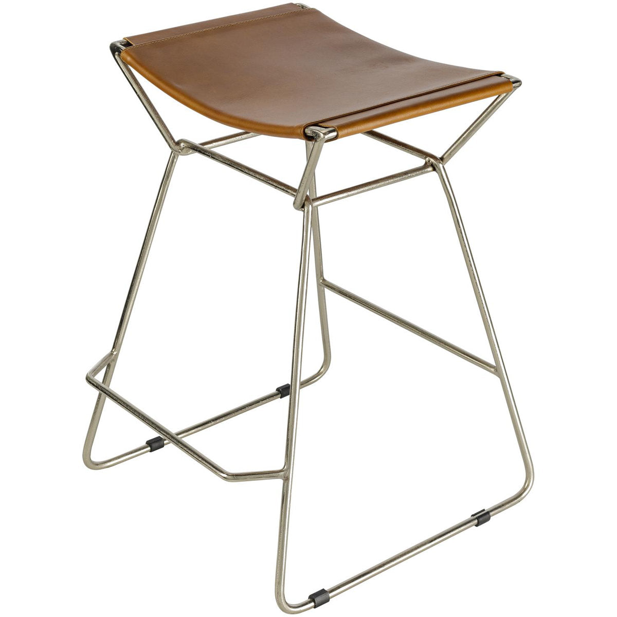 Backless Stool, Brown Leather Seat, Silver Nickel Sled Base