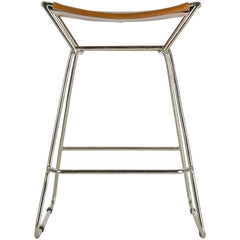 Backless Stool, Brown Leather Seat, Silver Nickel Sled Base