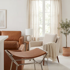 Backless Stool, Brown Leather Seat, Silver Nickel Sled Base
