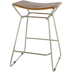 Backless Stool, Brown Leather Seat, Silver Nickel Sled Base