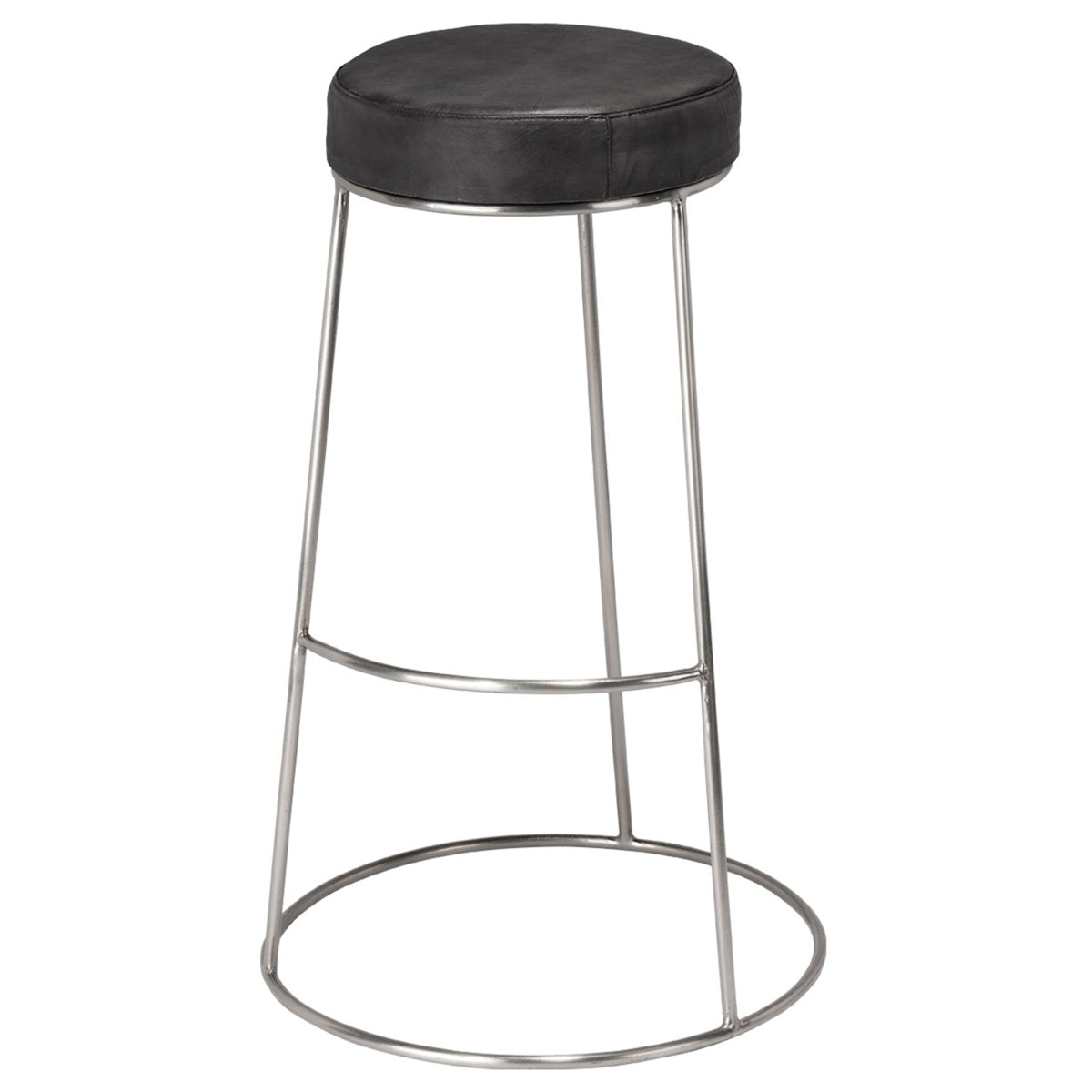 Backless Stool, Matte Charcoal Leather Seat, Pewter Iron Base