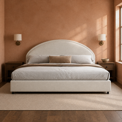 Room 3 | Bed set in a warm bedroom with woodgrain nightstand tops