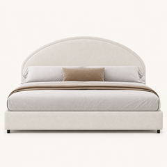 Front | Straight-on studio view of the upholstered bed and paired nightstands